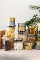 Necessary products for the period of the pandemic or famine or quarantine and isolation, food stock, the concept of stay at home, donated products, grocery delivery