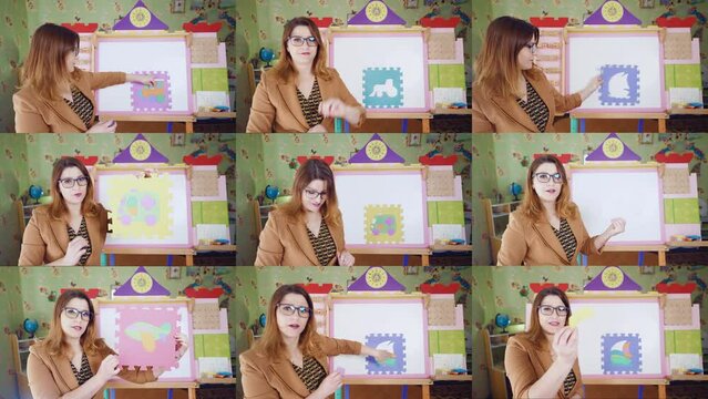 Collage Distance Learning. Online Lesson Homeschooling. Education Video Conference. Teacher Teaches Children. Freelance Work Digitalization Computer Device. Split Screen Montage 