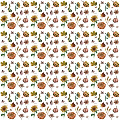 watercolor autumn seamless pattern with pumpkins, sunflowers, autumn leaves