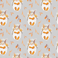 Autumn squirrels seamless pattern drawn in wax crayons on gray background.Fall holiday print for Thanksgiving with oil crayons.Designs for textiles,wrapping paper, packaging,printing,scrapbooking.