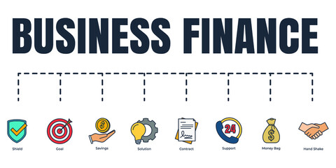 Business finance banner web icon set. shield, goal, savings, solution, money bag, contract, hand shake, support vector illustration concept.