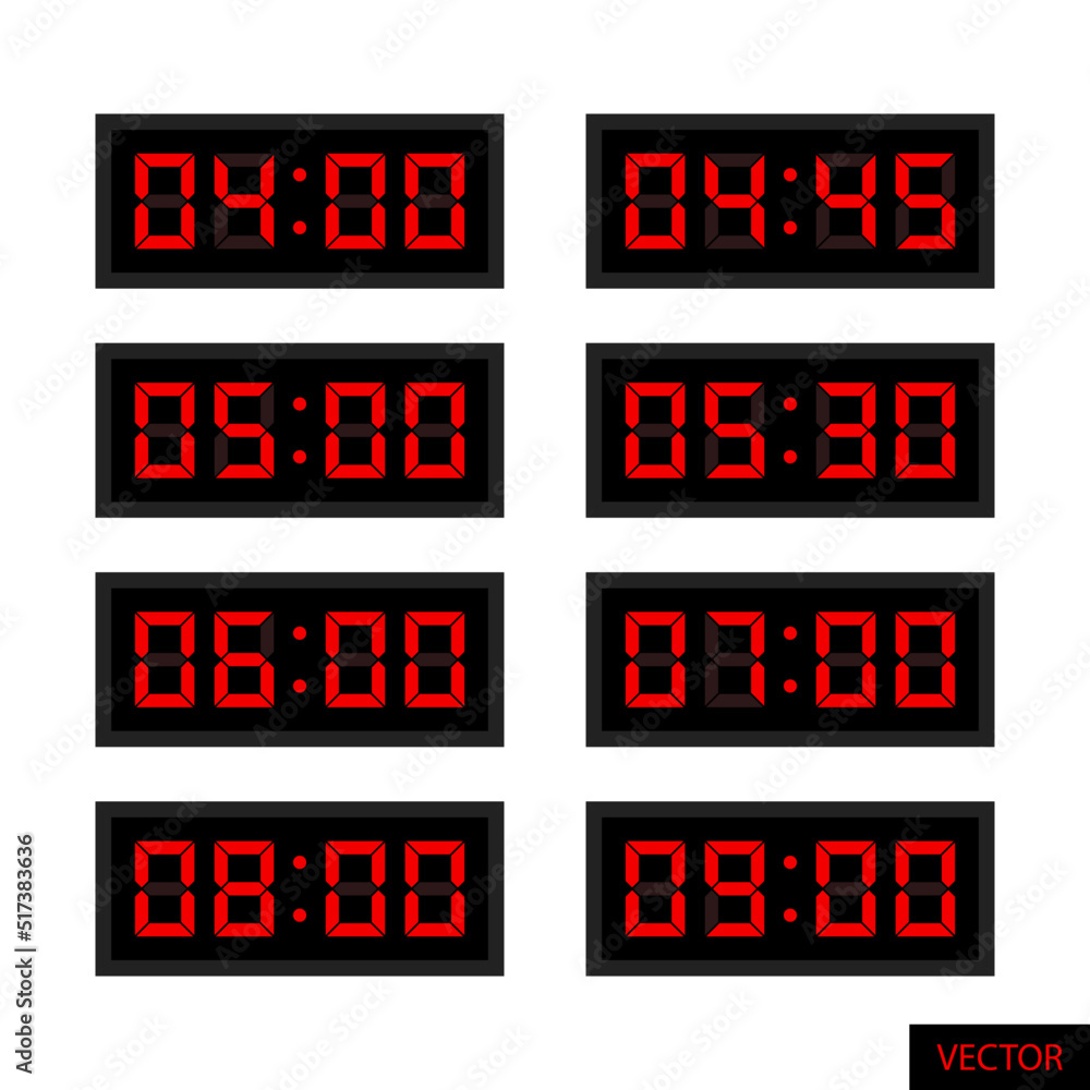 Wall mural set of red lcd display digital clock in flat style design isolated on white background. vector illus