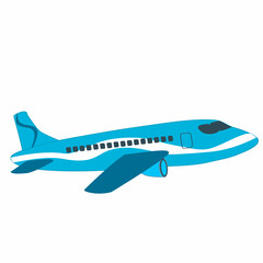 Airplane flying in the blue sky background. Vector flat style illustration. White airplane icon