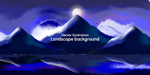 Landscape of dramatic night sky cosmos with mountain in water color paint style