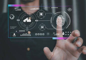 Internet network security concept.Businessman using fingerprint indentification to access personal cloud data.