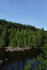 Fototapeta na wymiar Blue lake and green mixed forest on a sunny summer day. Girvas paleovolcano is popular place among tourists. The concept of travel in Russia.