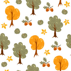 Seamless pattern with acorns, tree and oak leaves. Natural background. Vector illustration. Vector pattern for background, fabric, textile, wrap, surface, web and print design.
