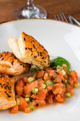 Slices of salmon tartare Served with Spicy Sauce