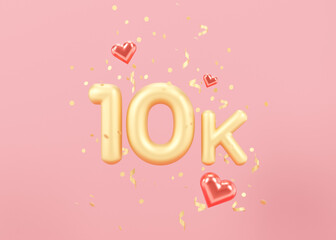 10000 followers card with golden confetti on pink background. Banner for social network, blog. 10k followers or likes celebration. Social media achievement poster. Ten thousand subscriber. 3d render.