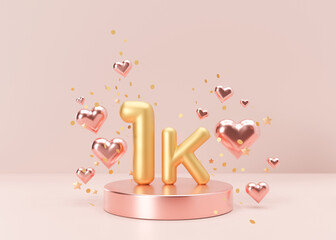 1000 followers card with golden confetti on pink background. Banner for social network, blog. 1k followers or likes celebration. Social media achievement poster. One thousand subscriber. 3d rendering.