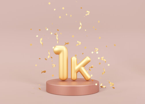 1000 followers card with golden confetti on pink background. Banner for social network, blog. 1k followers or likes celebration. Social media achievement poster. One thousand subscriber. 3d rendering.