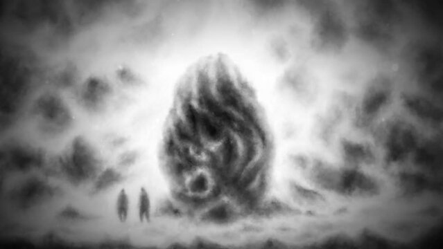 Scary 2D animation. Standing men against mountains backdrop.  Stone monument in shape of giant egg. Mystical worlds of dreams. Dark fantasy movie. Horror video. Music clips, VJ loops. Black and white.