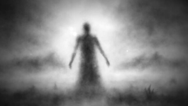 Scary 2D animation of gloomy silhouette. Standing man on nature background. Mystical worlds of dreams. Dark fantasy movie. Horror video for Halloween. Music clips and VJ loops.  Black and white.