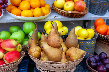 Various fruits for sale, outdoor market. Food