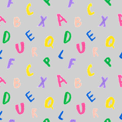 Back to school seamless pattern drawn in wax crayons on gray background. Fall holiday print for with oil crayons.Designs for textiles, wrapping paper, packaging, printing, scrapbooking, postcards.