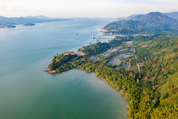 Obraz premium Aerial city view of Ranong and its estuary, Thailand