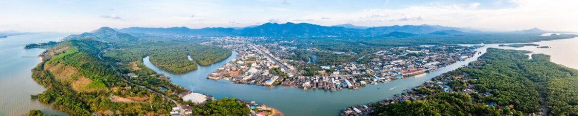 Aerial city view of Ranong and its estuary, Thailand
