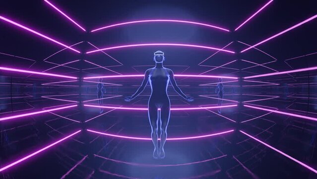 Virtual reality digital technology metaverse concept. Human in VR glasses floats in virtual spce. 3d render seamless loop.