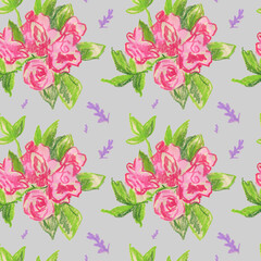 Garden flowers seamless pattern drawn in wax crayons on gray background. Holiday, summer print with children's oil crayons.Designs for textiles, wrapping paper, packaging, printing, scrapbooking.