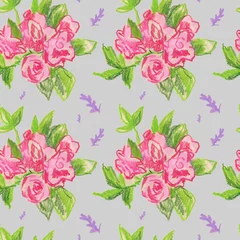 Gordijnen Vintage Bloemen Tuin bloemen naadloze patroon getekend in waskrijtjes op grijze achtergrond. Vakantie, zomerprint met kinderoliekrijtjes. Ontwerpen voor textiel, inpakpapier, verpakking, bedrukking, scrapbooking.  © Мария Минина