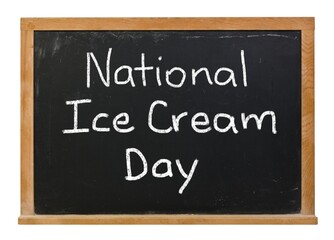 National Ice Cream Day written in white chalk on a black chalkboard in a wood frame
