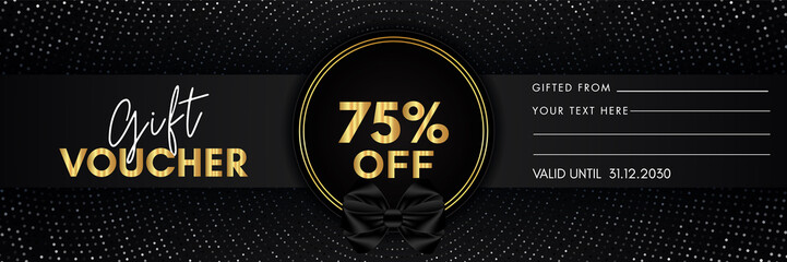 75 percent off gift voucher template design with gold circle frame and dotted line black background. Premium design for discount label, coupon sales, special offer, discount coupon, coupon code. - obrazy, fototapety, plakaty