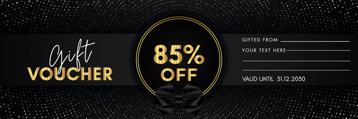 85 percent off gift voucher template design with gold circle frame and dotted line black background. Premium design for discount label, coupon sales, special offer, discount coupon, coupon code.