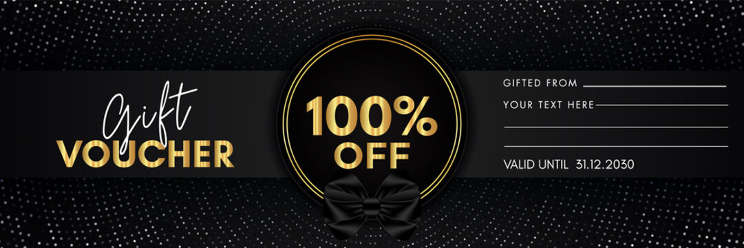 100 percent off gift voucher template design with gold circle frame and dotted line black background. Premium design for discount label, coupon sales, special offer, discount coupon, coupon code.