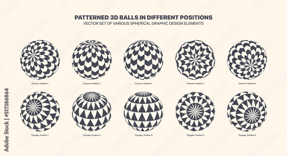 Wall mural Vector Assorted Various Patterned 3D Balls In Different Positions With Checkered Chevron And Triangle Pattern Set Isolated On Light Back. Black White Graphic Variety 3D Spherical Design Elements Group