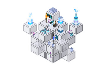 Data center or server room processing data operation with security protection and maintenance with isometric design style - vector	
