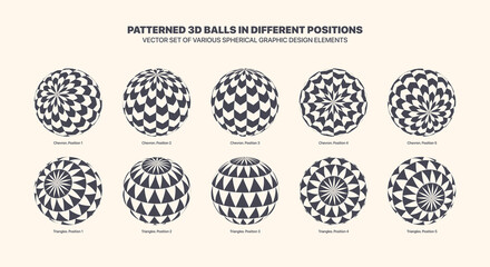 Vector Assorted Various Patterned 3D Balls In Different Positions With Checkered Chevron And Triangle Pattern Set Isolated On Light Back. Black White Graphic Variety 3D Spherical Design Elements Group