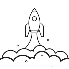 Rocket launch to space with smoke line art poster background. Flat vector illustration isolated on white background.