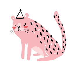 Cute Abstract Nursery Vector Illustration with Funny Hand Drawn Leopard Isolated on a White Background. Pink Wild Cat in the Hat Print ideal for Card, Wall Art, Safari Party, Decoartion, Poster.