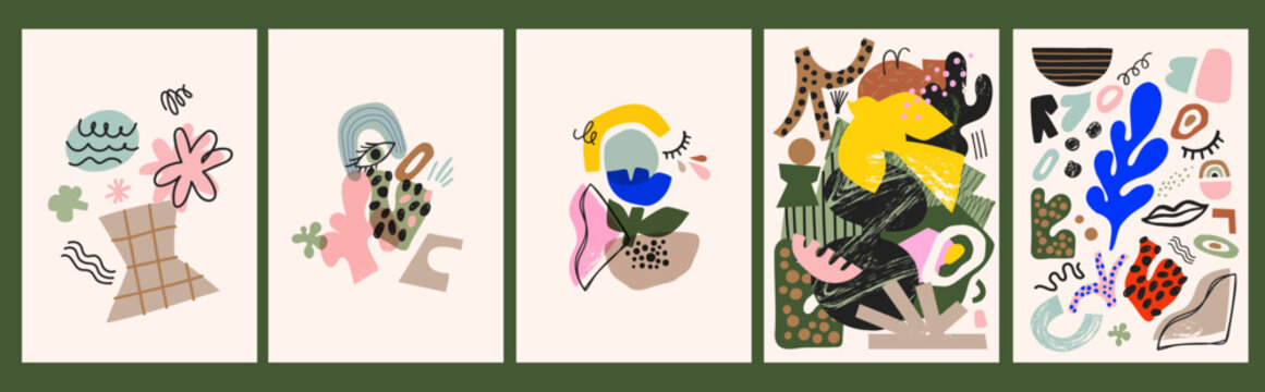 Set of colorful abstract Art Prints, Wall Art in collage and paper cut style. Floral, geometric abstractions. For postcards, promo materials, branded stationary, flyers. Modern t-shirt textile print.