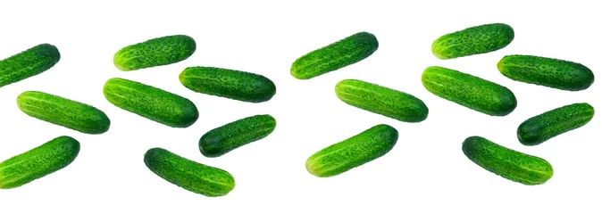 Muurstickers Verse groenten groene komkommers op een witte achtergrond. rijpe augurken op een tafel. verse groenten op een lichte textuur. het concept van het kweken van komkommers