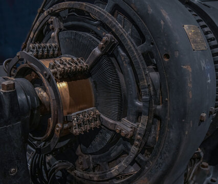 Main copper coils of a 200 horsepower 2200 volt induction motor, interior, illuminated, nobody 