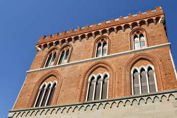 Detail of the Turcke castle, built in 1903 in eclectic style, against blue sky, Boccadasse, Genoa,...