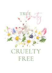 True beauty Cruelty free Vegan Watercolor poster illustration. Cute spring bunny ethical living print. Not tested on animals. No animal testing.Go vegan. Organic. Animal sticker, flyer,logo, stamp