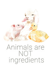 Animals are not engredients  Vegan Watercolor poster illustration. Cute spring bunny ethical living print. Not tested on animals. No animal testing.Go vegan. Organic. Animal sticker, flyer,logo, stamp