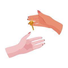 Hands holding house keys. The concept of buying or renting a home. Keys to the apartment. Vector illustration.