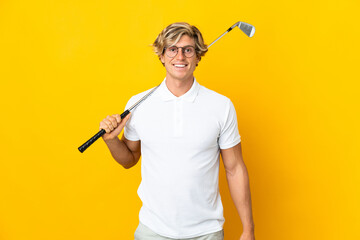English man over isolated white background playing golf