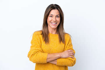 Middle age caucasian woman isolated on white background keeping the arms crossed in frontal position