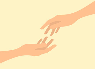 Two hands reach towards each other. Support and helping hand concept. Vector illustration