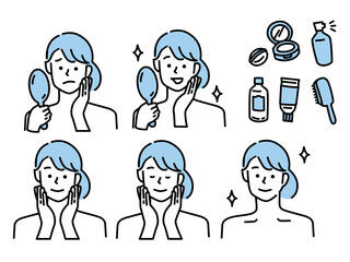肌の悩み、美容のイラスト(女の子、鏡、ファッション、おしゃれ、スキンケア) Illustrations of skin problems, rough skin, acne . Mirrors, fashion, fashion, fashion, beauty, skin care.