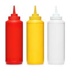 Bottled mayonnaise, mustard and ketchup, isolated on white background