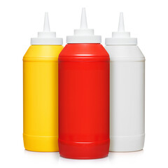 Bottled mayonnaise, mustard and ketchup, isolated on white background