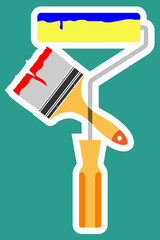 Paint brush and paint roller on green background