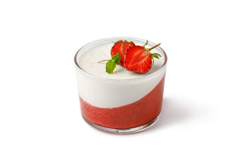 Strawberry panna cotta creamy dessert isolated on white background. Panna cotta with strawberry in a glass jars.