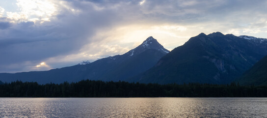 Lake, trees and mountains in Canadian Landscape. Chilliwack Lake, British Columbia, Canada. Nature Background.