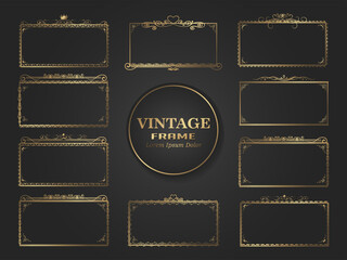 Set of rectangular gold frame decoration, vintage calligraphy border frame, luxury, elegant design, vector illustration